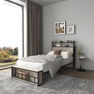 English Elm Twin Bed Frames with Storage Headboard, Built-In USB/Type-C Charging, LED Light, Space-Saving Design Black+ Gray W2129P314786