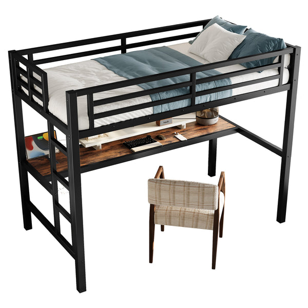 English Elm Metal Twin Loft Bed With Integrated Desk, Power Outlet, Led Lights - Space-Saving Design In Black W1580P372863