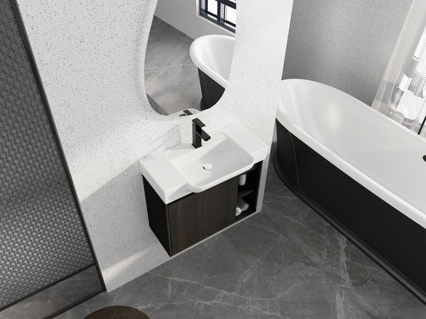 English Elm 28'' Floating Bathroom Vanity with Ceramic Sink Soft Close Door Melamine Cabinet Dark Oak W999P426640