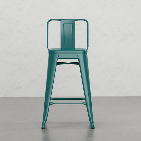 English Elm Keeley 24in Metal and Solid Elm Wood Counter Stools Set of 4 — Curved Backs, Footrests, Durable Finish Teal Blue B2732P253608