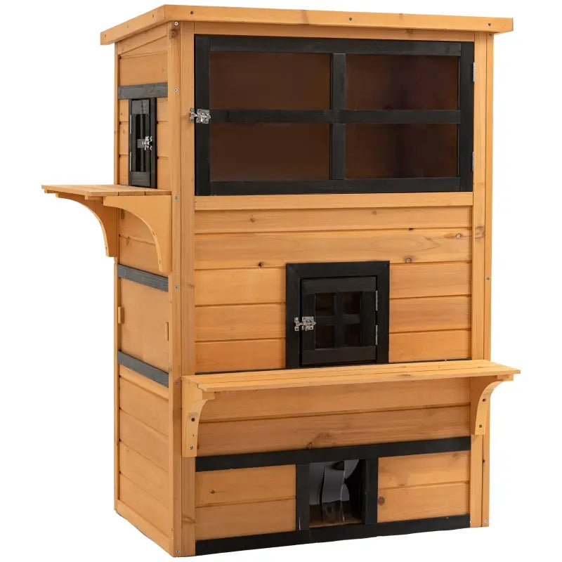 English Elm Pet House Outdoor Multi Tier Fir Wood Cat Condo with Platforms and Rain Resistant Eave T3971P437044
