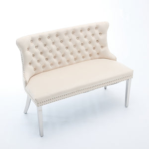 English Elm Velvet Wingback Dining Bench Tufted Two Seat Mid Century Modern Brushed Steel Base Beige W1143P406980