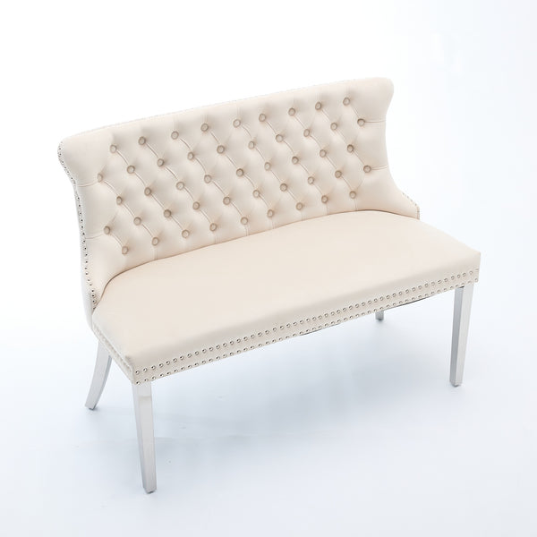 English Elm Velvet Wingback Dining Bench Tufted Two Seat Mid Century Modern Brushed Steel Base Beige W1143P406980