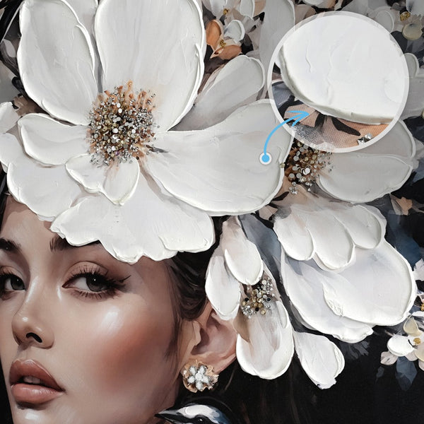 English Elm Floral Black White Woman Canvas Art with Bird Tattoo Portrait — Modern Aesthetic Oil Print for Home Decor W3374P322231