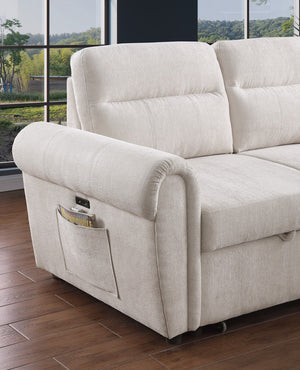 English Elm Ugo Chenille Sleeper Sectional Sofa with Storage Chaise and Built-in Usb Charging Ports Beige B2749S00071