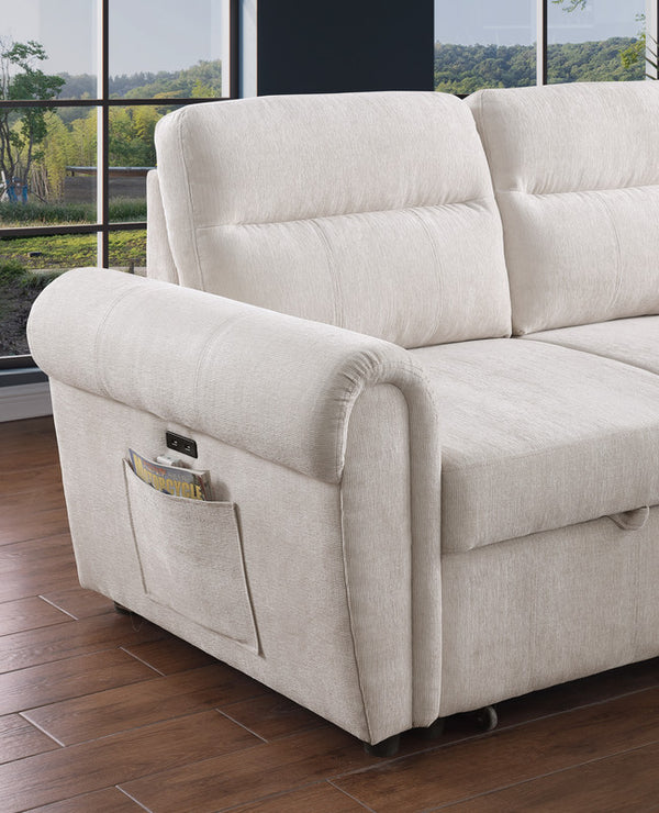 English Elm Ugo Chenille Sleeper Sectional Sofa with Storage Chaise and Built-in Usb Charging Ports Beige B2749S00071