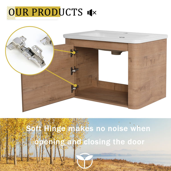English Elm 52'' Wall-Mounted Vanity with White Ceramic Sink, Soft-Close Door, Plywood Shelves & Rounded Edges Imitative Oak W999S00431