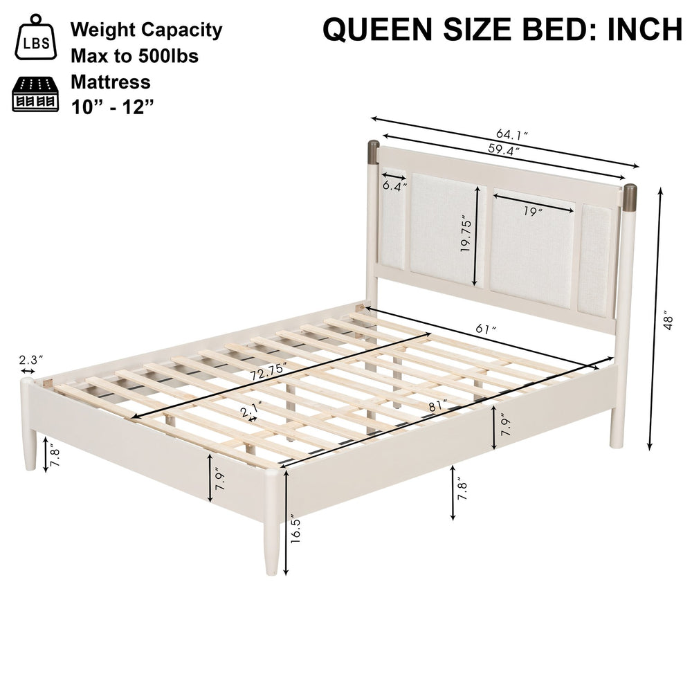 English Elm Solid Pine Queen Bed Industrial Upholstered Headboard with Iron Handles 500 Lb Frame Grey,Light Grey N770PQ361408E
