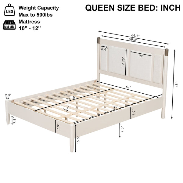 English Elm Solid Pine Queen Bed Industrial Upholstered Headboard with Iron Handles 500 Lb Frame Grey,Light Grey N770PQ361408E