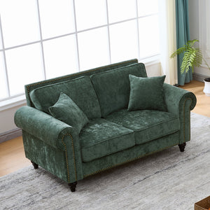 English Elm 63" Modern 2-Seater Sofa with Chenille Velvet, Rolled Arms, Nailhead Trim, Solid Wood Frame Durable Green W3373S00043