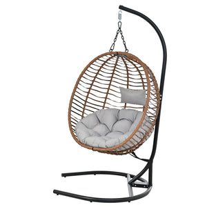 English Elm U_style Wicker Hanging Egg Chair with Stand Foldable Indoor Outdoor Swing Seat Brown+Gray N711P389503G