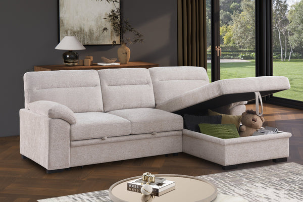 English Elm Kipling Chenille Sleeper Sectional with Storage Chaise and Built-in Usb Charging Beige B061S00833