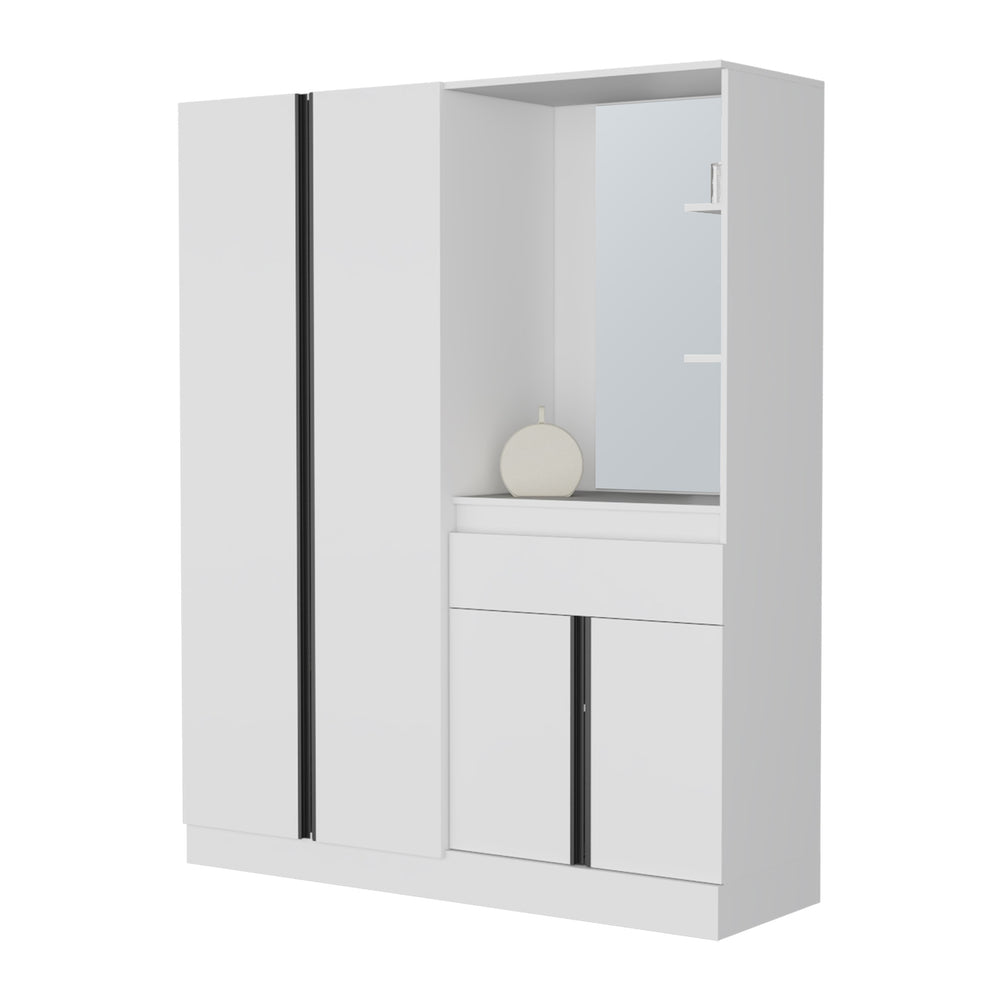 English Elm CaneMulti-Functional Wardrobe & Vanity with Mirror, Hanging Rod, Shelves, Drawer — Space-Saving White B128S00179