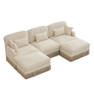 English Elm 100"comfy Chenille Leopard Print U-shaped Sectional with Tassel Trim and Modular Ottomans Beige W5656S00006