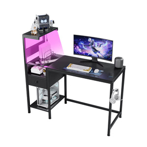English Elm Computer Gaming Desk with RGB LED Lights, Reversible 4-Tier Shelves, Drawer & Headphone Hook, Space-Saving Workstation Black W578P191952