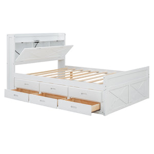 English Elm Full Full Size Wooden Bed with Storage Headboard, Built-In Outlets, Trundle & 3 Drawers for Space-Saving Bedrooms White 80.51 L x 17.12 W x 4.57 H N733S172712K