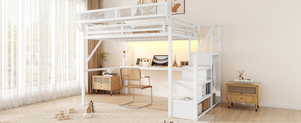 English Elm Queen Metal Loft Bed with Desk Charging Station Storage Stairs and Rgb Lighting W2580S00071