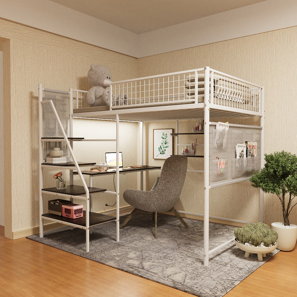 English Elm Black Metal Loft Bed with Built-in Desk Rgb Led Lighting and Charging Station White W1671S00007