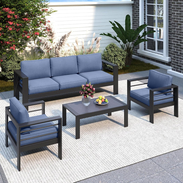 English Elm 4-piece Aluminum Outdoor Conversation Set with Rust-proof Matte Frame and Wpc Coffee Table Blue B082S00094