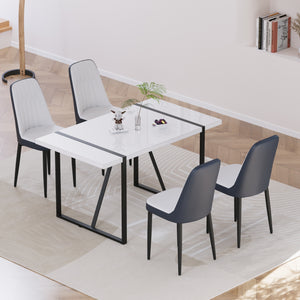 English Elm 55 Modern 4-Person MDF Dining Table Set with Sturdy Black Metal Legs and Padded PU Chairs for Families Blue,White W2189S00730