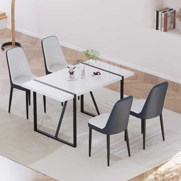 English Elm 55 Modern 4-Person MDF Dining Table Set with Sturdy Black Metal Legs and Padded PU Chairs for Families Blue,White W2189S00730