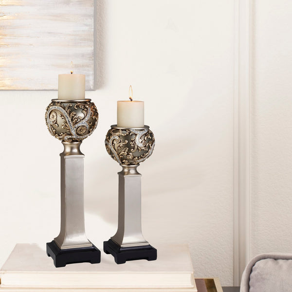 English Elm 15" Polyresin Vine Column Candleholder Set Silver Finish Sculptural Romantic Decor Pair B072116537