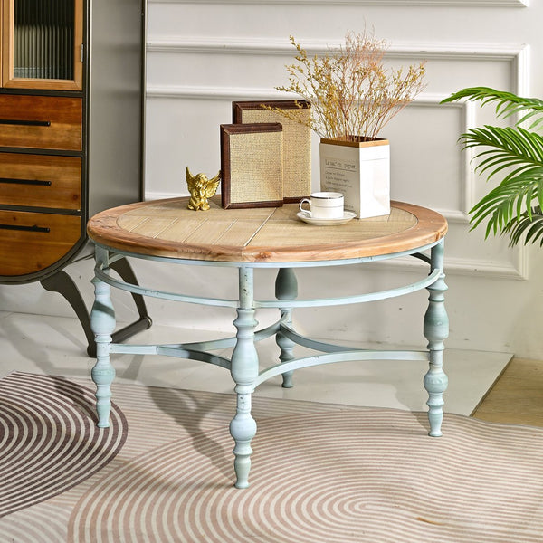 English Elm 31.50" Hand-carved Distressed Wood Round Coffee Table with Metal Legs for Living Room W3933P379162