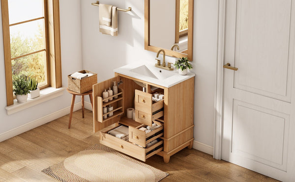 English Elm [video] 30 Inch Freestanding Bathroom Vanity White Mdf Pine Legs Ceramic Sink Soft Close N759P394441N