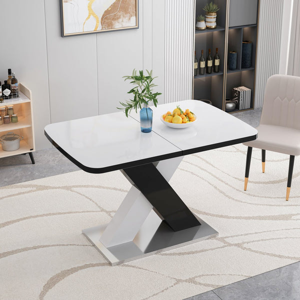 English Elm Modern Stretchable Rectangle Dining Table With Elegant White Top And Stylish X-Shape Black Legs W757P242760