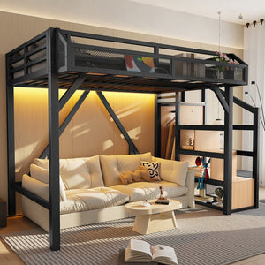 English Elm Twin Metal Loft Bed with Wardrobe Shelves Storage Stairs Led Lighting Usb Ports W1580S00404