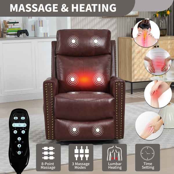 English Elm Wine Red Genuine Leather Swivel Rocker Recliner with Massage Heat for Living Room W1803P323712