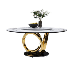 English Elm 59" Round Dining Table With 360° Lazy Susan - Stylish Sintered Stone Top, Heat/Scratch Resistant Finish W2699S00026