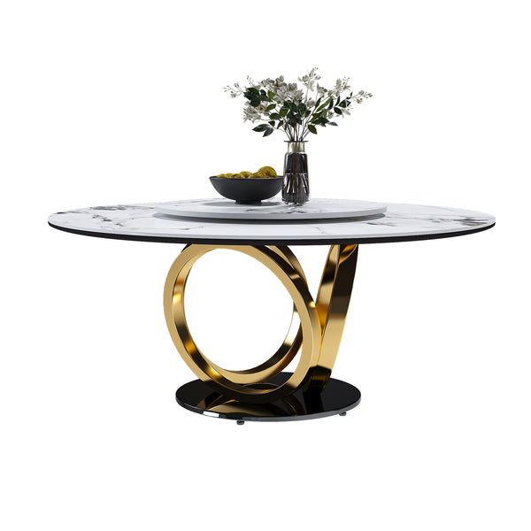 English Elm 59" Round Dining Table With 360° Lazy Susan - Stylish Sintered Stone Top, Heat/Scratch Resistant Finish W2699S00026