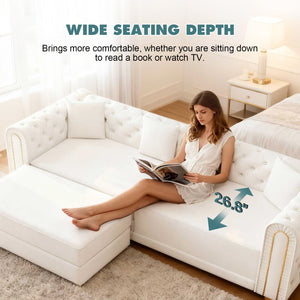 English Elm 90.2" Plush Teddy Fabric Convertible Sleeper Sofa with Hidden Storage for Living Room Beige+White W1885S00241