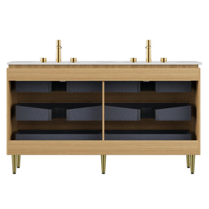 English Elm AMARA 60" Bathroom Vanity with Integrated Sintered Stone Basin, Preassembled Plywood Cabinet with Motion-Activated Light and Soft-Close Drawers Carrara White,Light Oak W2615P346341