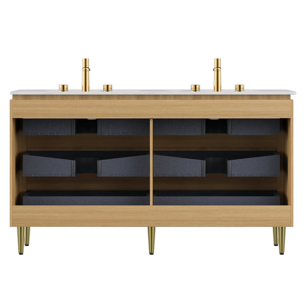 English Elm AMARA 60" Bathroom Vanity with Integrated Sintered Stone Basin, Preassembled Plywood Cabinet with Motion-Activated Light and Soft-Close Drawers Carrara White,Light Oak W2615P346341