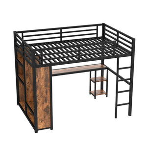 English Elm Queen Size Loft Bed Frame With Integrated Wardrobe, Desk & Storage Shelves For Space-Saving Style W1580S00178-GIGA