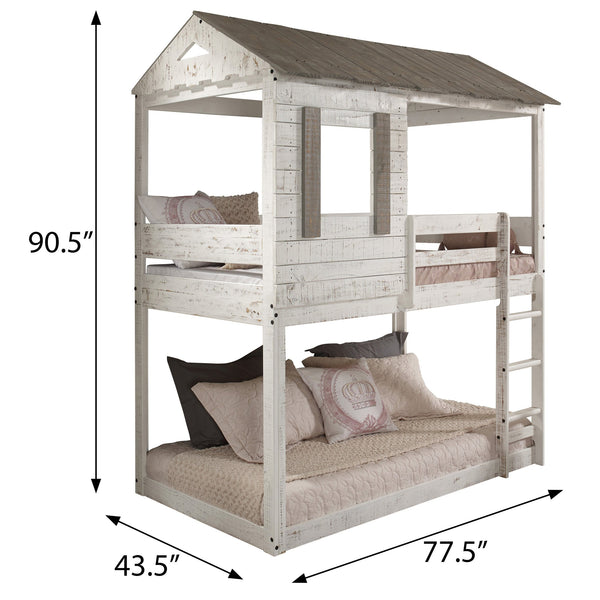 English Elm Rustic Twin-Over-Twin Bunk Bed in Rustic White Solid Pine with Built-In Right Ladder, 13-Slat Support B062S00467