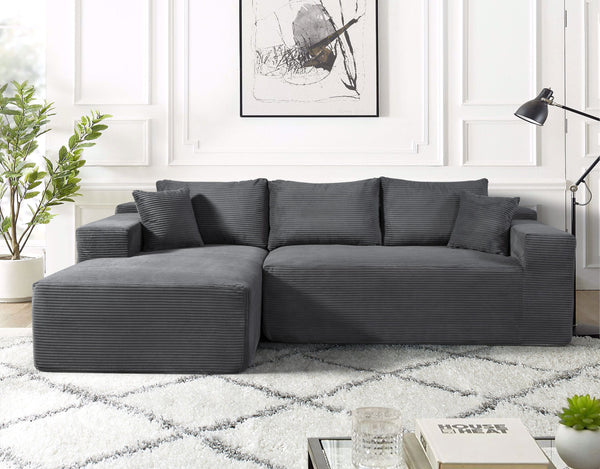 English Elm 2-Piece Stylish Dark Grey Corduroy L-Shaped Sofa With Pillows - Modular, Tool-Free Setup For Any Space B2735P384508