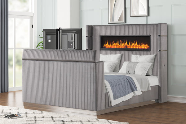 English Elm Lavish King Bed With Integrated Fireplace Headboard & Footboard Tv Stand - Contemporary Grey Design B009S01418
