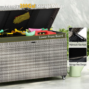 English Elm K&K 200 Gallon Wicker Deck Box with Lockable Lid, Hydraulic Pistons, Wheels, Weatherproof Storage Grey N707P245457G