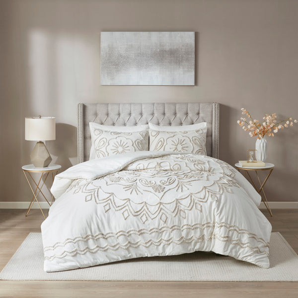 English Elm 3 Piece Tufted Cotton Chenille Comforter Set In Ivory/Taupe – Elevate Your Full/Queen Bedroom Decor! B03597181