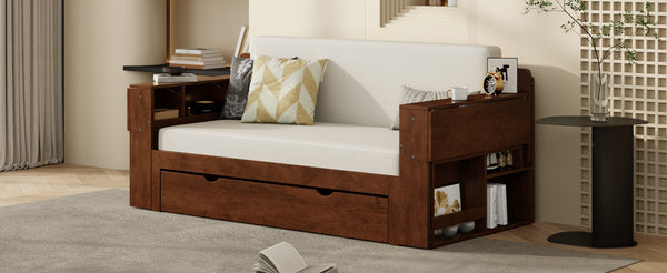 English Elm Full Size Daybed with Hydraulic Desk Armrests Storage Drawer and Sofa Seating Espresso LT000271AAP