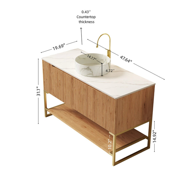 English Elm 48" Freestanding Bathroom Vanity Cabinet Sintered Stone Top Woodgrain Finish Open Shelf W2615S00464