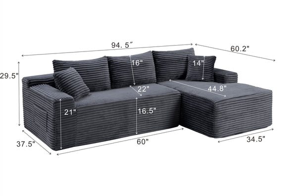 English Elm 94.5" Jumbo Corduroy Cloud Sectional Deep Seat L-shape Couch for Living Room W5515P479905