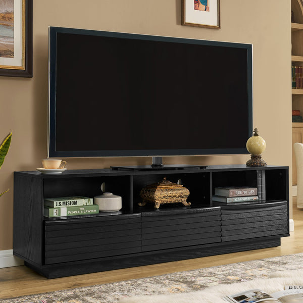 English Elm 63" Mid-Century Modern TV Stand for TVs up to 75" — Solid Wood Drawer Media Console, Louvered Farmhouse Design, Outlet Holes, Durable MDF Finish W1801P291993