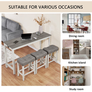 English Elm 4 Rustic Bar Table Set with Built-In Power, USB & Type-C, Water-Resistant Wood Grain Top, 59" L x 35.5" H Grey+White W1998P324488