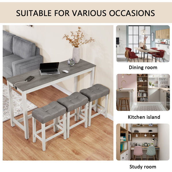 English Elm 4 Rustic Bar Table Set with Built-In Power, USB & Type-C, Water-Resistant Wood Grain Top, 59" L x 35.5" H Grey+White W1998P324488