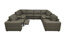 English Elm Premium Leather Match L-shaped Sectional with Dual Recliners and Built-in Console Olive Green B2748S00162