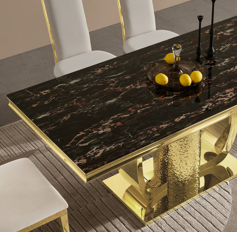 English Elm Gold Stainless Steel Dining Table With Sleek Black Tempered Glass Top - Modern Elegance & Durability W2723S00046